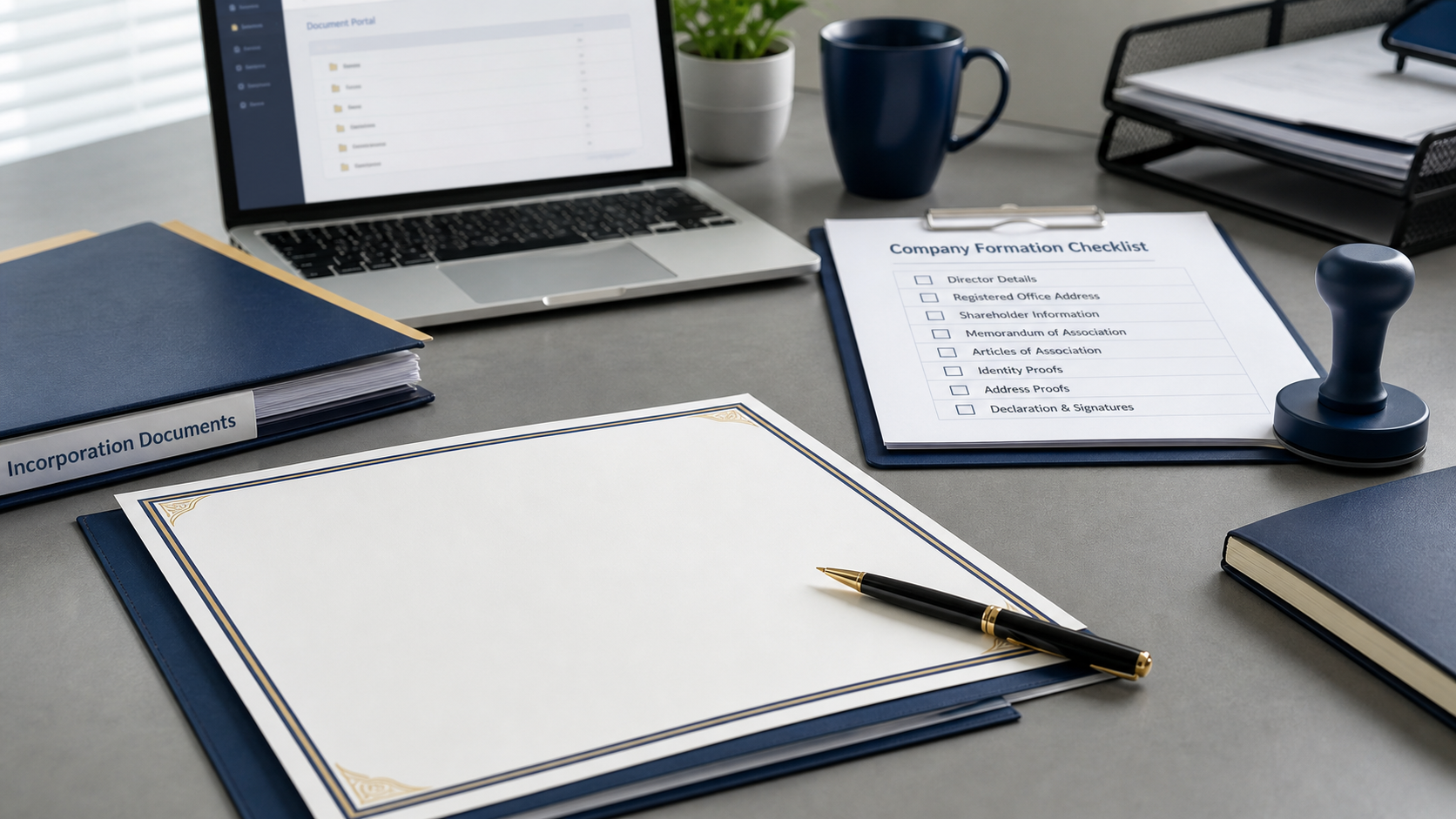 Company registration documents and business files arranged on a professional desk