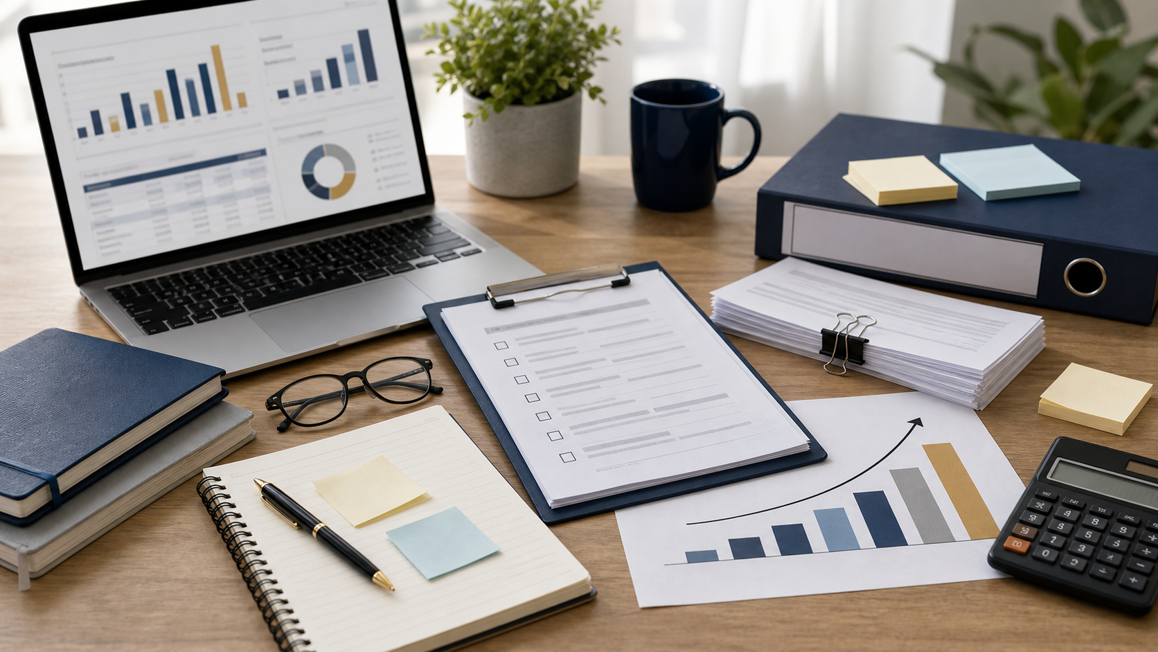 Startup advisory planning records and financial notes arranged on a professional desk